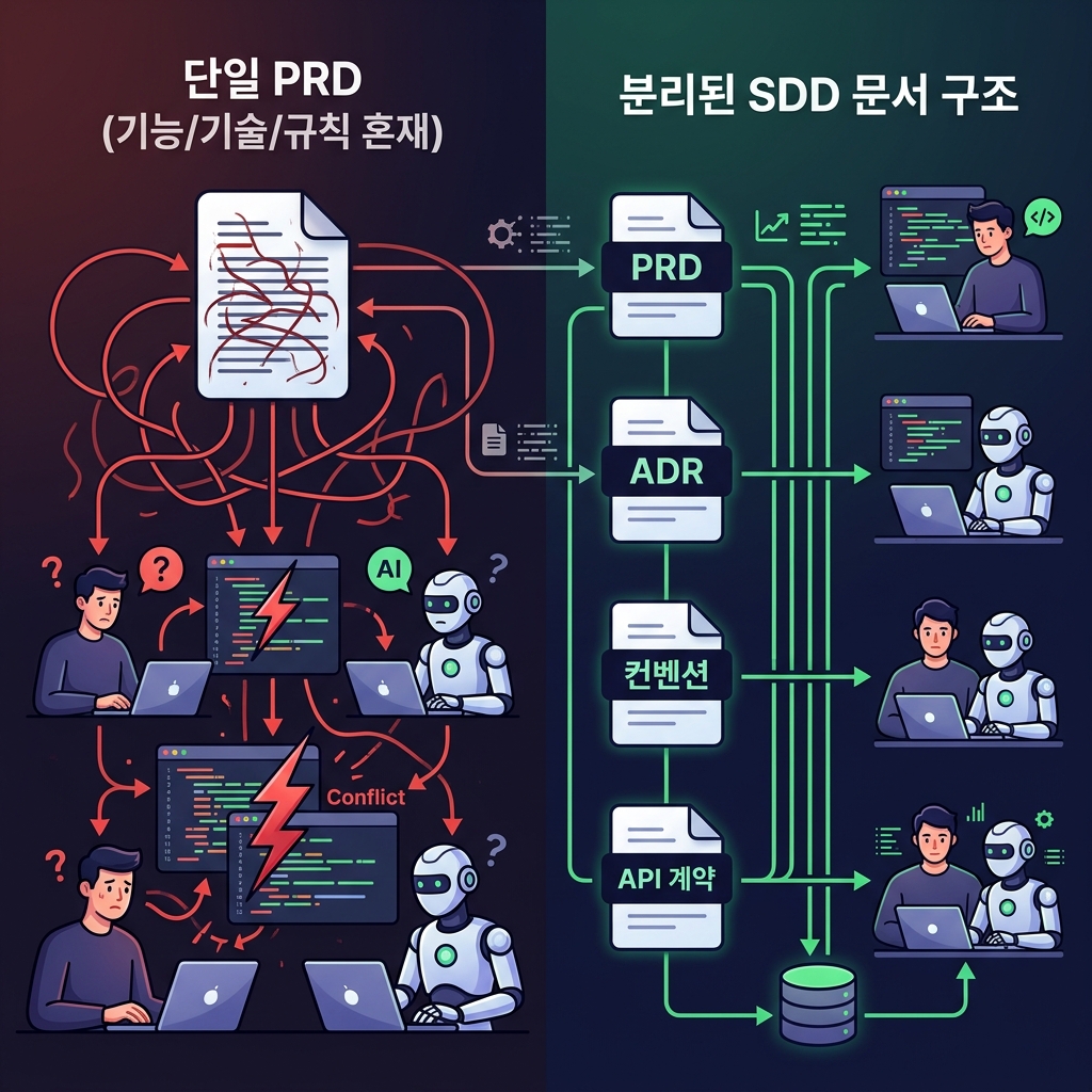 단일 PRD와 분리된 SDD 문서 구조 비교